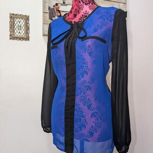 Women's Sheer Black and Blue Blouse with tie feature at collar